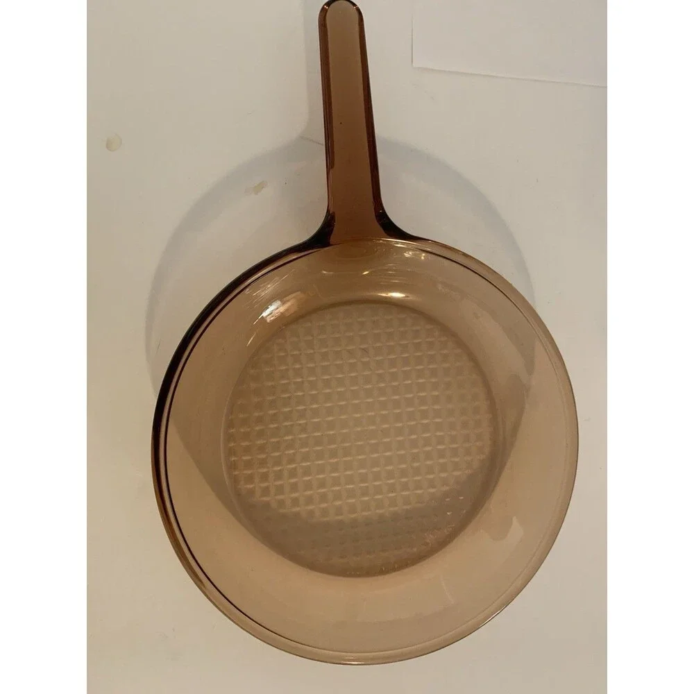 Vision Corning Large 10” Waffle Bottom Frying Pan Skillet & Lid Amber USA READ